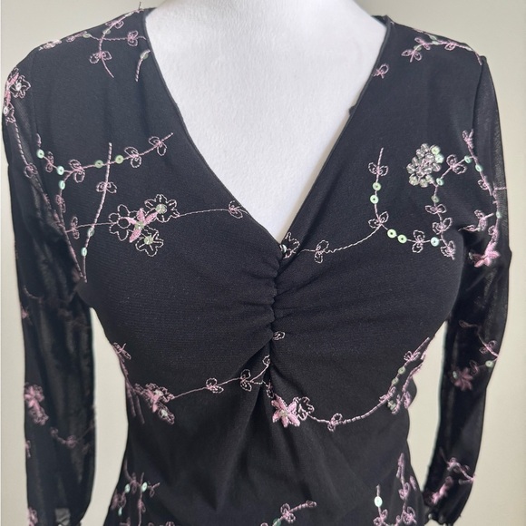 Black Dark Floral Ruched Fitted Y2K Whimsigoth Fairy  Top with Sequins - Picture 2 of 11